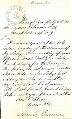 Letter to New York State Comptroller Lucius Robinson from Samuel Brown