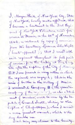 Application and affidavit to New York State Comptroller from Mayne Reid