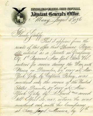 Letter from the New York State Adjutant-General for Thomas Reynolds