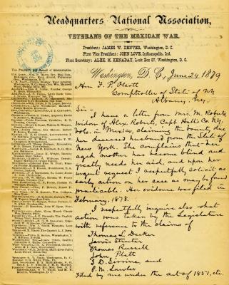 Letter to New York State Comptroller F.P. Olcott for widow of Alexander Roberts