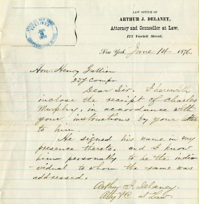 Letter to New York State Deputy Comptroller Henry Gallien for Charles Murphy