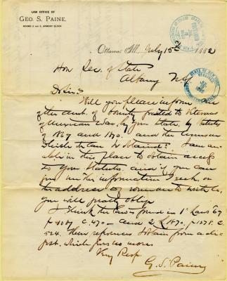 Letter to the New York Secretary of State from G.S. Paine