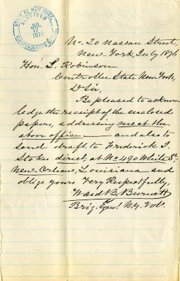 Letter to the New York State Comptroller Lucuis Robinson for Frederick J. Stokes