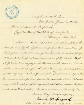 Letter to New York State Comptroller Nelson K. Hopkins from Francis W. Seagrist