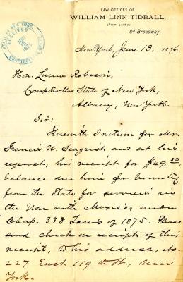 Letter to New York State Comptroller Lucius Robinson for Francis W. Seagrist