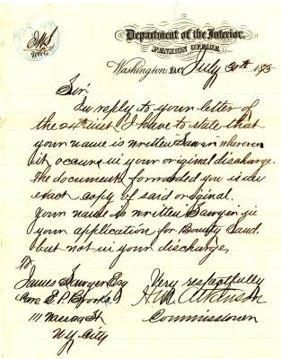 Letter to James Sawyer from the New York State Commissioner