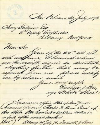 Letter to New York State 2nd Deputy Comptroller Henry Gallien from Frederick Stokes 