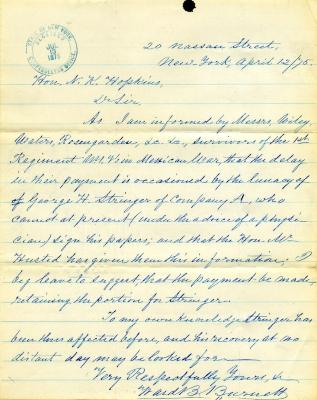 Letter to New York State Comptroller N.K. Hopkins regarding George F. Stringer