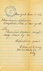 Letter to New York State Comptroller Lucius Robinson from Edward Tenny
