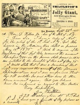 Letter to Junior Secretary of New York State D. Wellers from George Thistleton