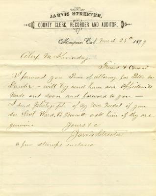 Letter to A.M. Kenaday from Jarvis Streeter