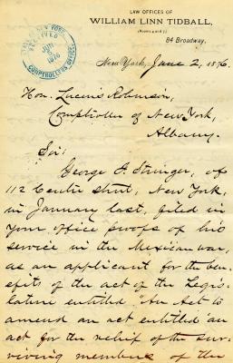 Letter to New York State Comptroller Lucius Robinson for George F. Stringer