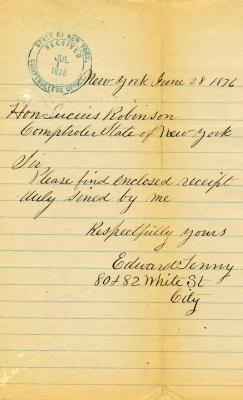 Letter to New York State Comptroller Lucius Robinson from Edward Tenny