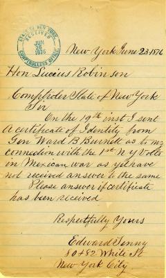 Letter to New York State Comptroller Lucius Robinson from Edward Tenny