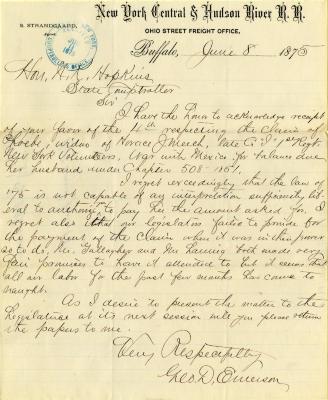 Letter to New York State Comptroller N.K. Hopkins for Horace Meech