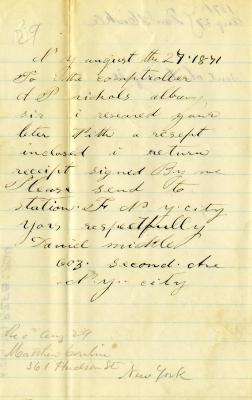 Letter to New York State Comptroller A.P. Nichols from Daniel Mickle