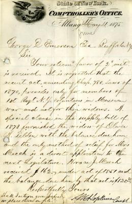 Letter to Notary Public George Emerson from New York State Comptroller N.K. Hopkins