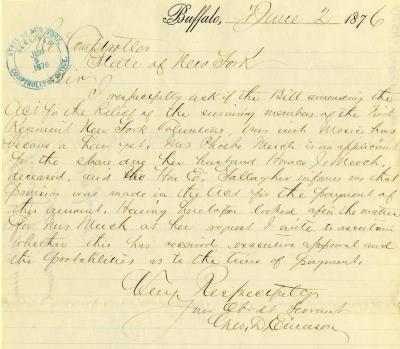 Letter to the New York State Comptroller for Horace Meech Meech