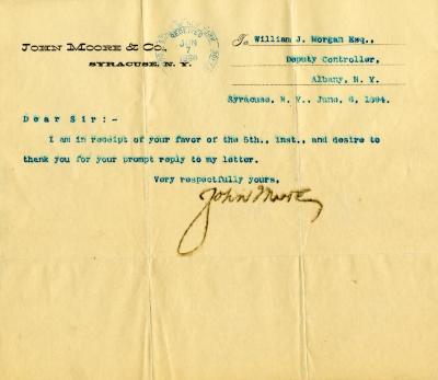 Letter to Deputy Comptroller William J. Morgan from John Moore
