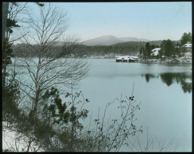 View West from Bridge; Long Lake, Owls Head Mountain and Other Elevations. Long Lake village