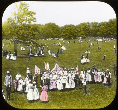 New York City. Central Park. Outing of school children. May pole.