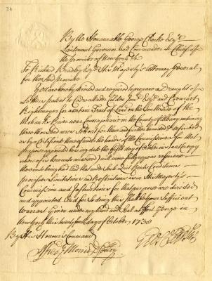 Warrant for a patent to Cadwallader Colden, Jun., and Co., 1738