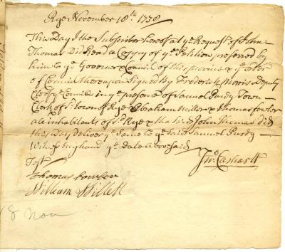 Certificate of John Carhartt, in relation to Serving Samuel Purdy an order in council on the same