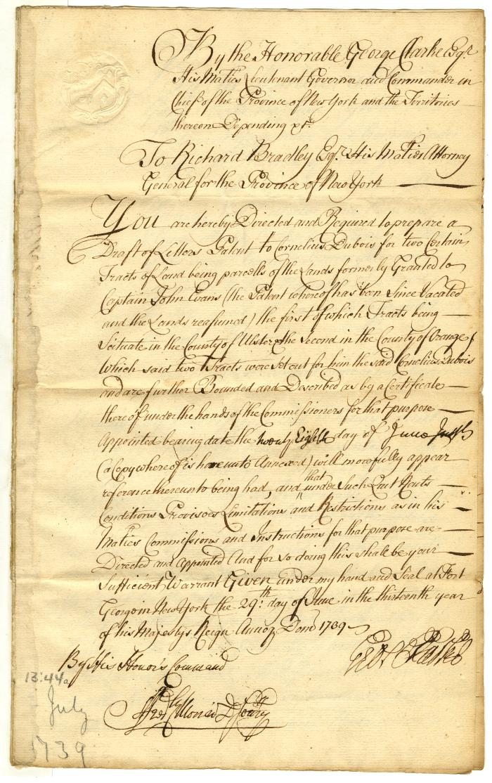 Warrant for a patent to Cornelius Dubois, for two certain tracts of land, part of Evan's patent