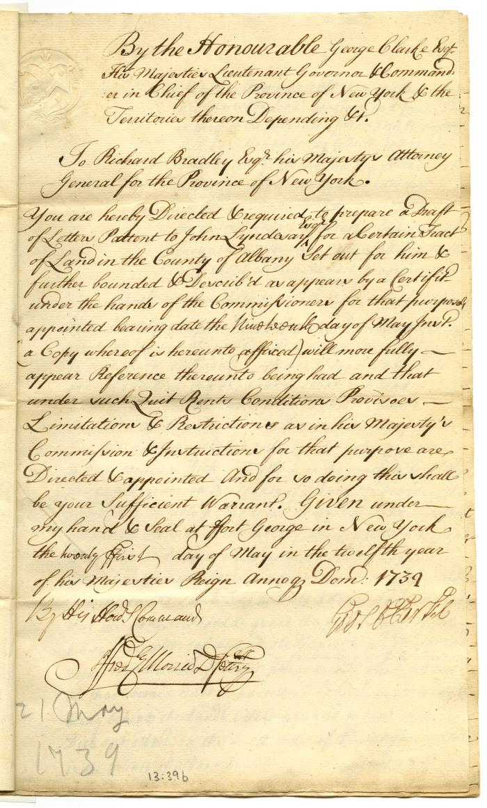 Warrant for a land patent to John Lyndesay, 1739 