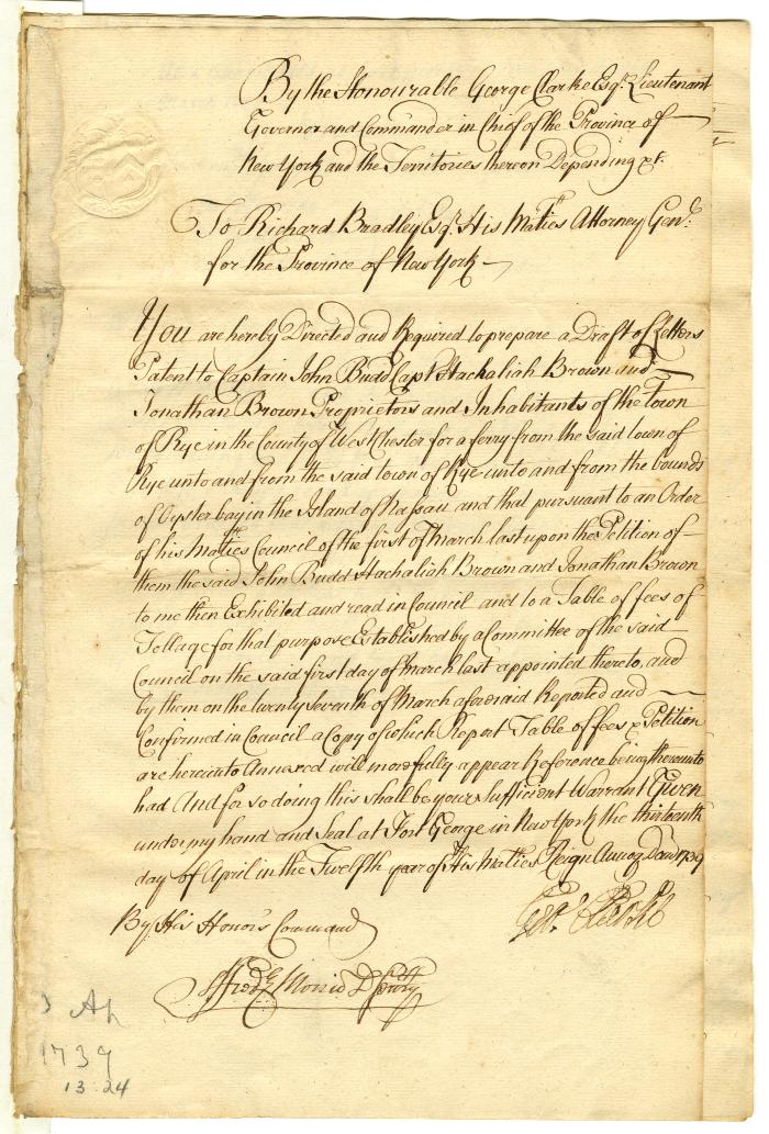 Warrant for a patent to Capt. John Budd and other proprietors and inhabitants of the town of Rye