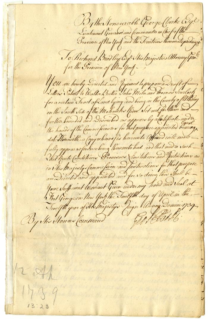 Warrant for a patent to Walter Butler and others, for a certain tract of land lying on the south side of the Mohawks river