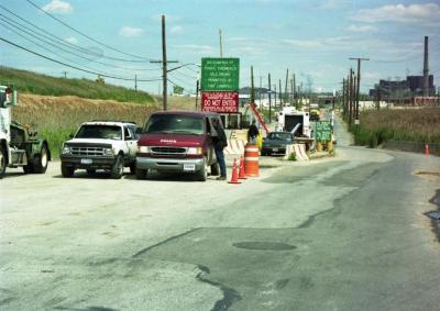 Main entrance to Fresh Kills at bottom of hill