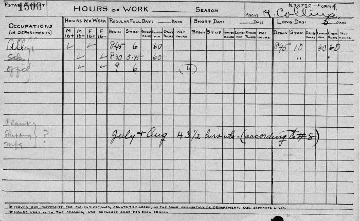 N.Y.S.F.I.C. Form 4: Hours of Work, Establishment 1503