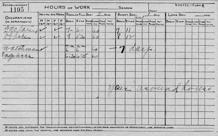 N.Y.S.F.I.C. Form 4: Hours of Work, Establishment 1105