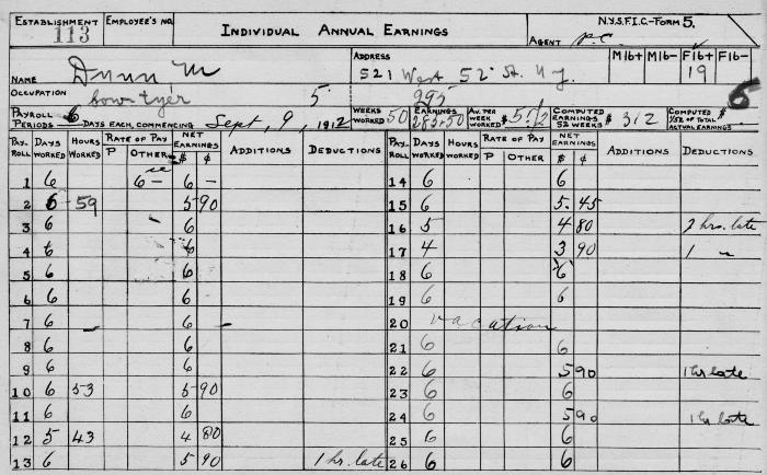 N.Y.S.F.I.C. Form 5: Individual Annual Earnings, Establishment 113, Dunn, M.