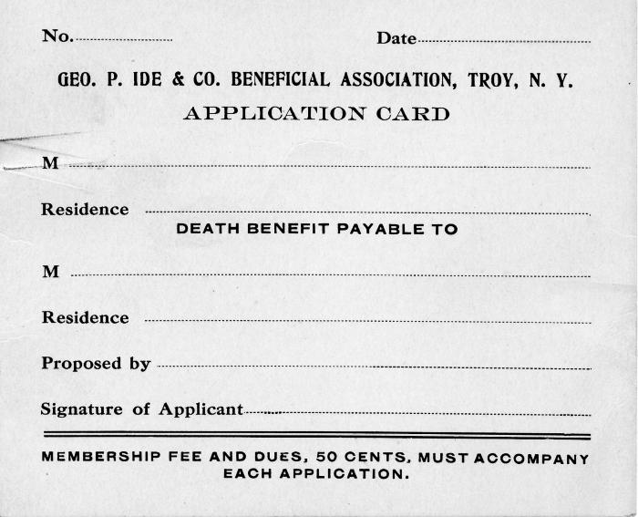 Geo. P. Ide & Co. Beneficial Association Application Card