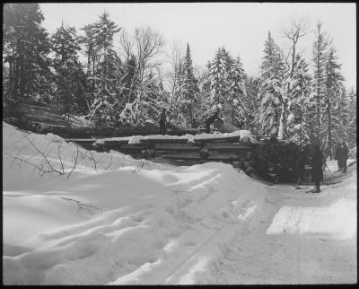 Men rolling logs off skidway onto horse drawn sled