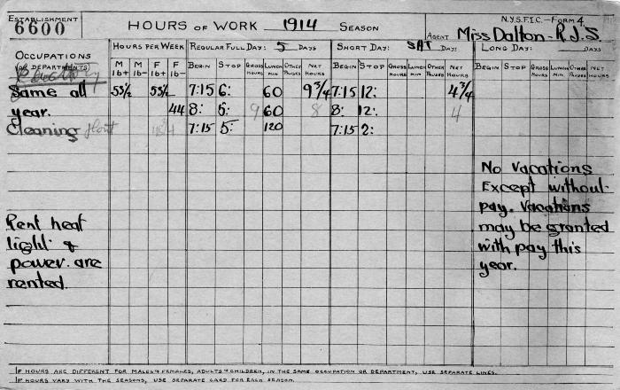 N.Y.S.F.I.C. Form 4: Hours of Work, Establishment 6600