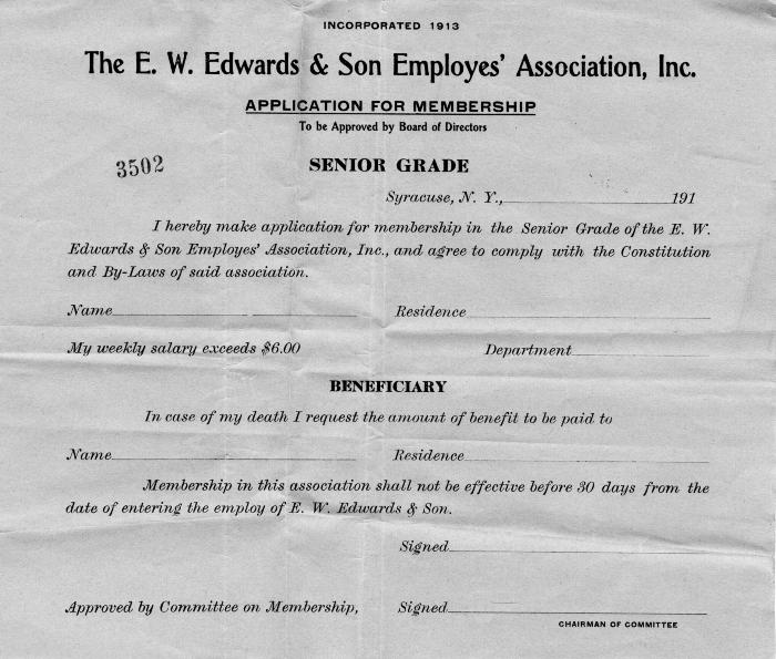 E. W. Edwards & Son Employees' Association, Inc. Application for Membership, Senior Grade