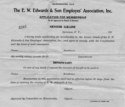 E. W. Edwards & Son Employees' Association, Inc. Application for Membership, Senior Grade