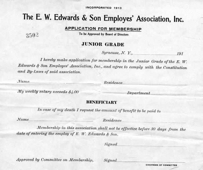 E. W. Edwards & Son Employees' Association, Inc. Application for Membership, Junior Grade