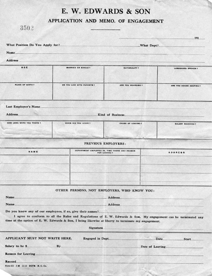 E. W. Edwards & Son Application and Memo of Engagement