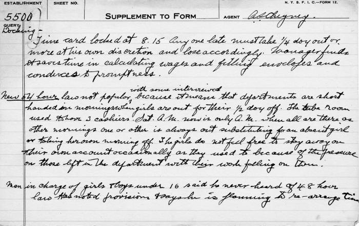 N.Y.S.F.I.C. Form 12: Supplement to Form, Establishment 5500