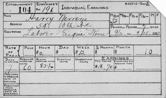 N.Y.S.F.I.C. Form 2: Individual Earnings, Establishment 104, Employee's No. 196, Harry Nevreno