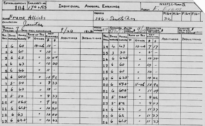 N.Y.S.F.I.C. Form 5: Individual Annual Earnings, Establishment 104, Employee's No. 174 & 183, Frank Allicks