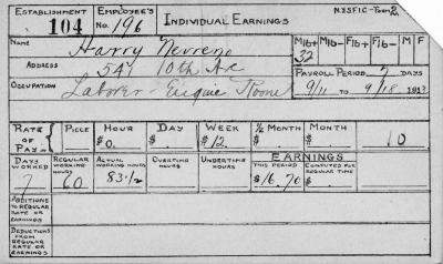 N.Y.S.F.I.C. Form 2: Individual Earnings, Establishment 104, Employee's No. 196, Harry Nevreno