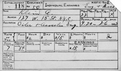 N.Y.S.F.I.C. Form 2: Individual Earnings, Establishment 118, Employee's No. 50, Klein, A.