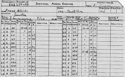 N.Y.S.F.I.C. Form 5: Individual Annual Earnings, Establishment 104, Employee's No. 174 & 183, Frank Allicks