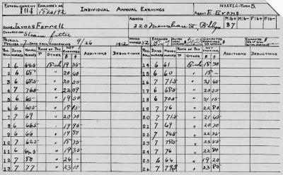N.Y.S.F.I.C. Form 5: Individual Annual Earnings, Establishment 104, Employee's No. 182 & 192, James Farrell