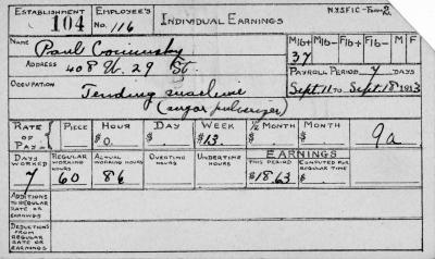 N.Y.S.F.I.C. Form 2: Individual Earnings, Establishment 104, Employee's No. 116, Paul Corinusky